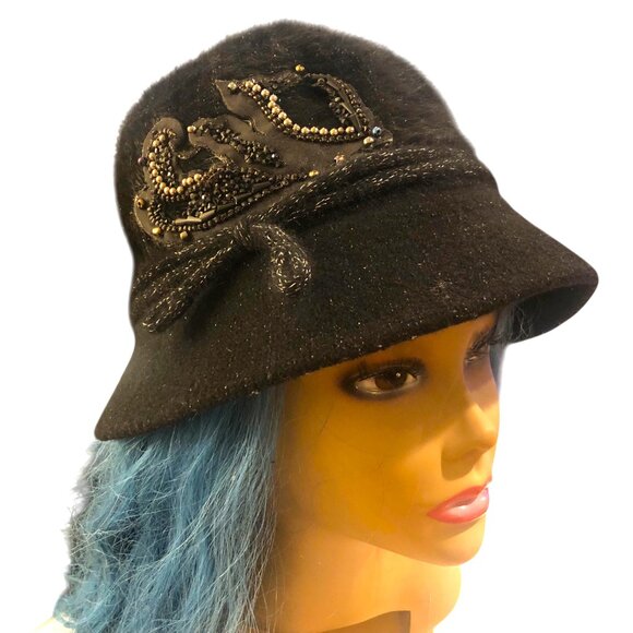Vintage Art Deco Glamour Beaded Applique Brushed Textured Black Cloche Hat
